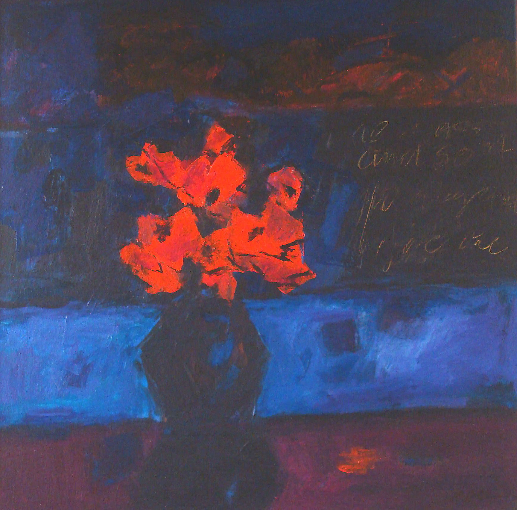 Red Poppies in Blue Vase by John Nelson